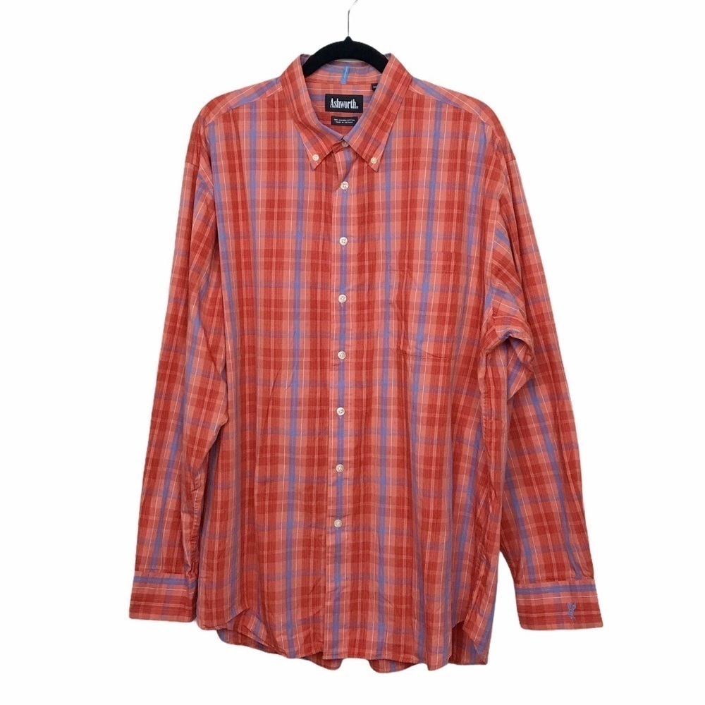Ashworth Red Orange Plaid Button Down Shirt